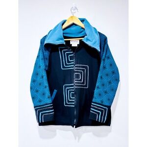 SHARANEL Teal Black Geometric Embroidered Full Zip Cotton Jacket Medium